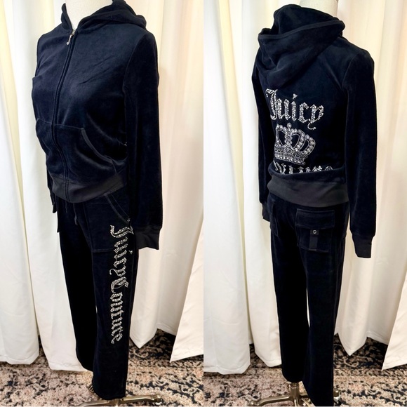 NWT Juicy Couture Black Velvet Velour Tracksuit w/ Rhinestone Crystals Size S - Picture 2 of 16